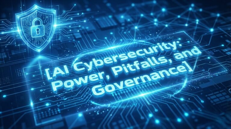 “Abstract digital illustration representing AI cybersecurity, featuring a glowing shield and interconnected circuit patterns. The text ‘AI Cybersecurity: Power, Pitfalls, and Governance’ appears at the center, conveying the balance between AI-driven security capabilities, associated risks, and the need for strong governance.”