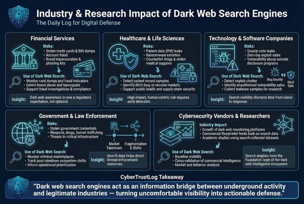 “Infographic illustrating how dark web search affects industries such as financial services, healthcare, technology, government, and cybersecurity research, highlighting risks, use cases, and defensive intelligence value.”