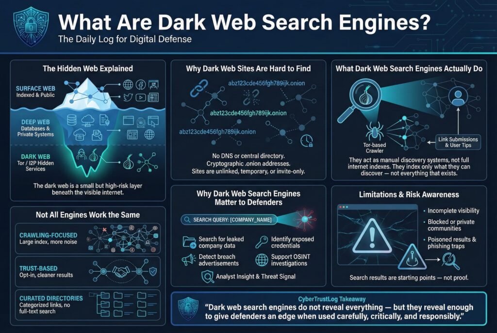 “Educational infographic explaining what dark web search engines are, how they differ from surface web search, why hidden services are hard to find, their limitations, and their role in defensive cybersecurity investigations.”
