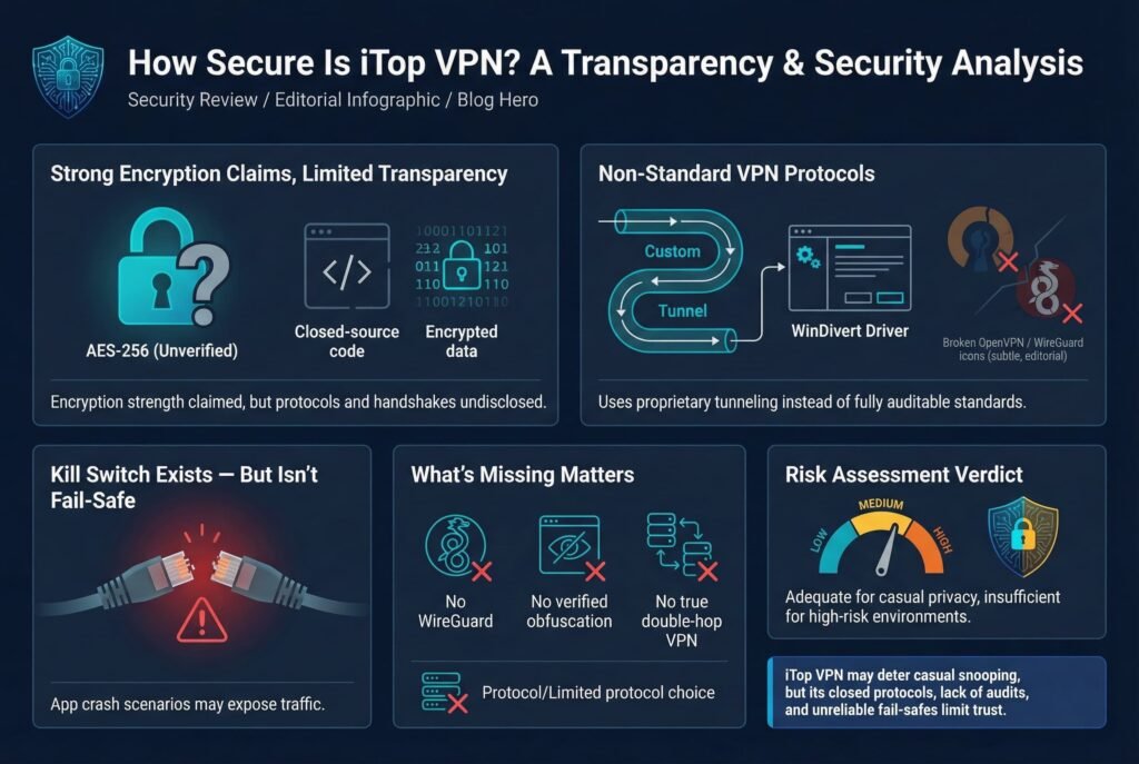 “Security analysis infographic assessing iTop VPN’s technical protections, showing claimed AES-256 encryption without public verification, closed-source code, proprietary tunneling protocols, and a kill switch that may fail during app crashes. It highlights missing features like WireGuard, verified obfuscation, and double-hop VPN, concluding that iTop VPN is adequate for casual privacy but insufficient for high-risk security use.”