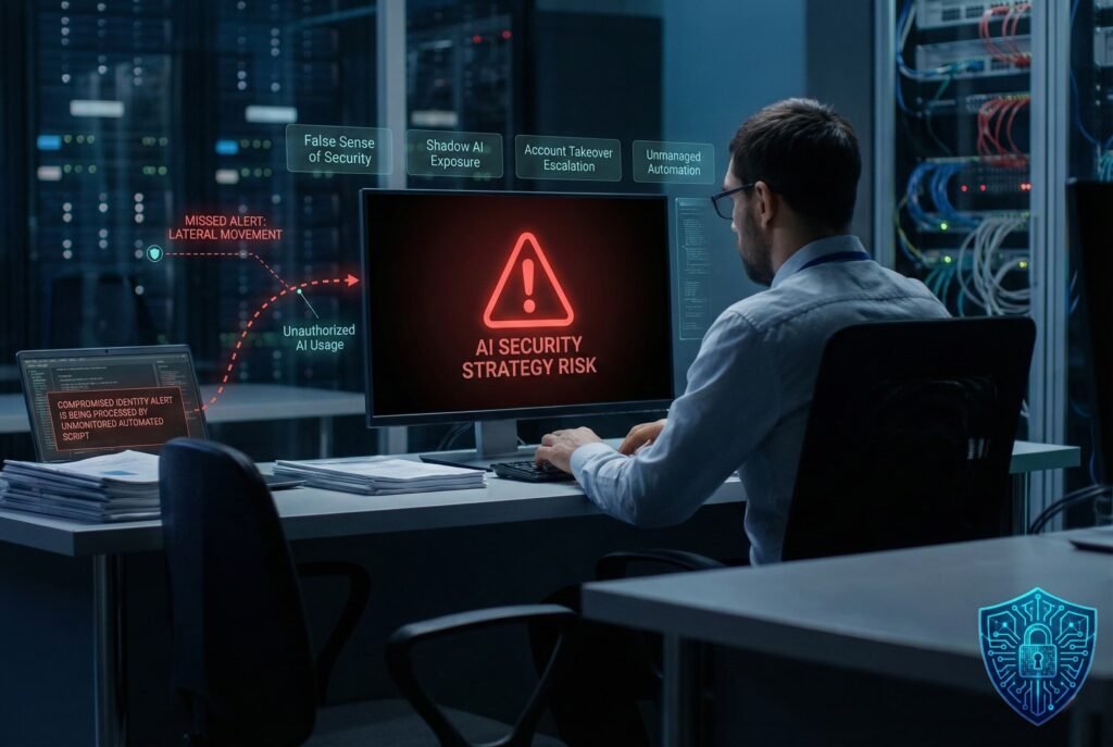 AI Cybersecurity: Power, Pitfalls, and Governance 4 “Security operations center scene showing an analyst working at a desk in front of servers, with a central monitor displaying a warning labeled ‘AI Security Strategy Risk.’ Overlay graphics highlight issues such as false sense of security, shadow AI exposure, account takeover escalation, unmanaged automation, missed alerts, and unauthorized AI usage, illustrating the strategic risks of poorly governed AI in cybersecurity.”