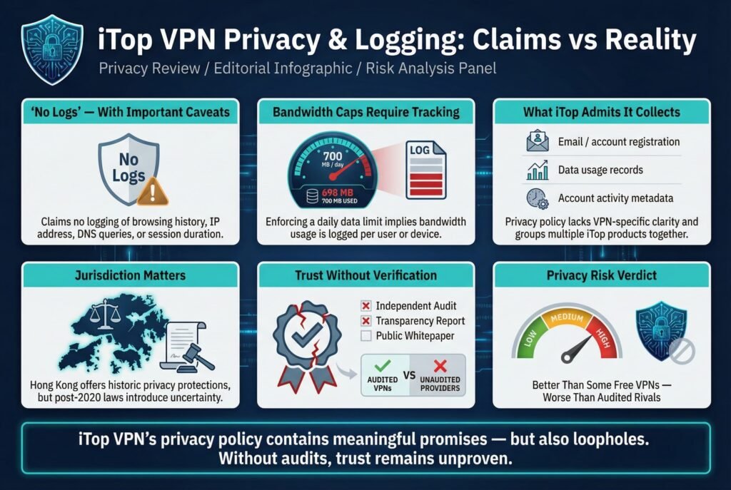 “Privacy and logging analysis infographic comparing iTop VPN’s ‘no logs’ claims with documented caveats. It explains that bandwidth caps require usage tracking, outlines data the service admits collecting such as account and usage metadata, discusses jurisdiction concerns, notes the absence of independent audits, and concludes with a medium privacy risk verdict compared to audited VPN providers.”