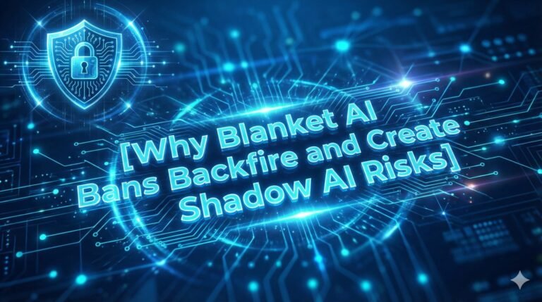 Futuristic cybersecurity illustration showing a digital shield and lock over glowing AI circuits, symbolizing how blanket AI bans create shadow AI security risks.