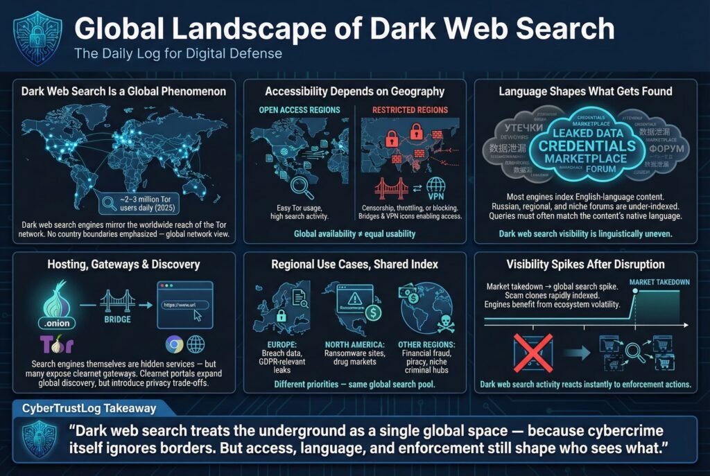 “Infographic presenting the global nature of dark web search, showing geographic accessibility differences, language impact on visibility, hosting and discovery methods, regional criminal activity, and search spikes after takedowns.”