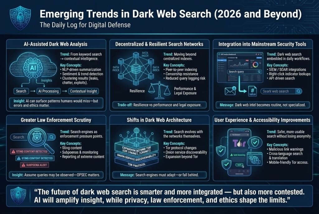 “Infographic highlighting future trends in dark web search, including AI-assisted analysis, decentralized search networks, law enforcement scrutiny, Tor evolution, improved usability, and integration into mainstream security tools.”