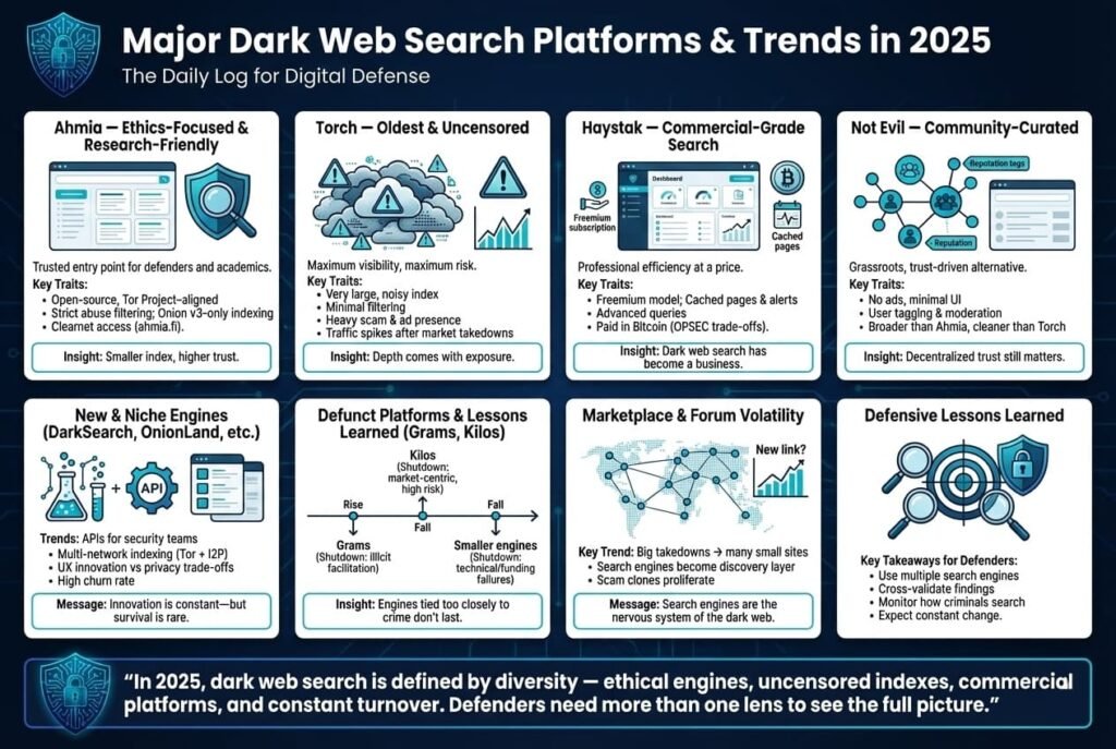 “Comparison infographic of major dark web search engines, showing ethical, uncensored, commercial, and community-curated platforms, along with lessons from defunct services and the volatility of dark web marketplaces.”