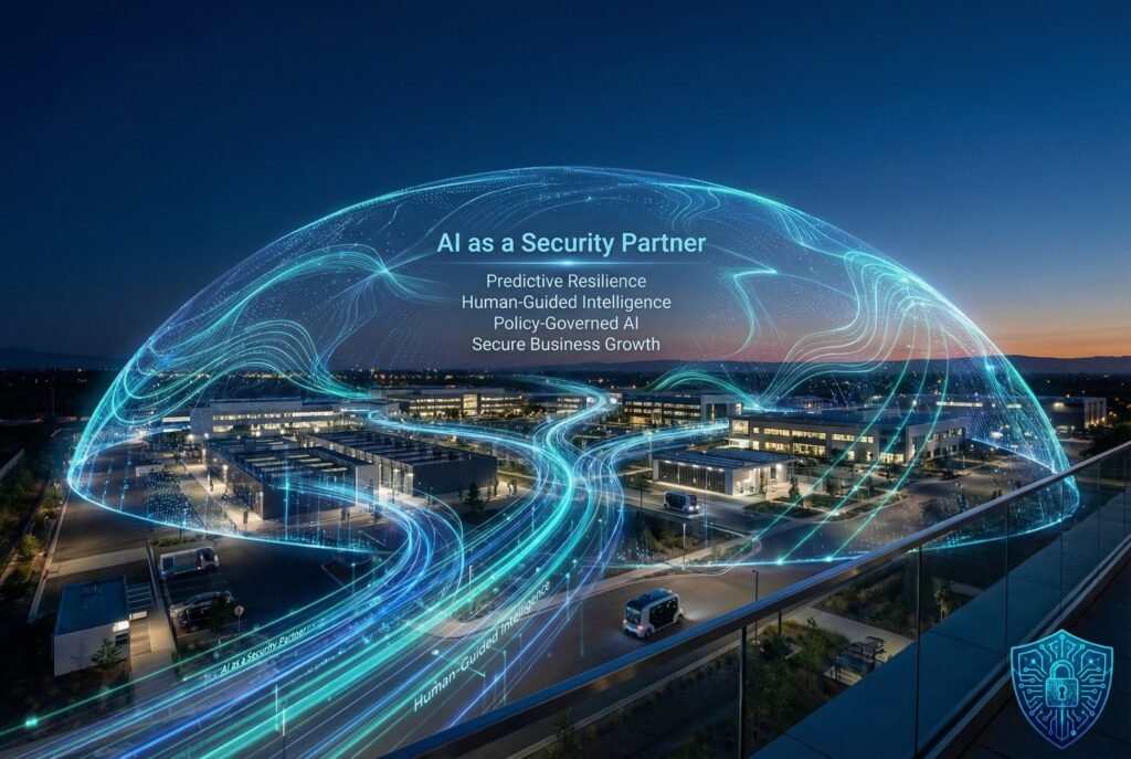 AI Cybersecurity: Power, Pitfalls, and Governance 7 “Conceptual illustration of AI as a security partner, showing a digitally connected business campus protected by a glowing data dome. Flowing data paths represent predictive resilience, human-guided intelligence, policy-governed AI, and secure business growth, conveying AI-enabled cybersecurity as a strategic, protective layer supporting organizational operations.”
