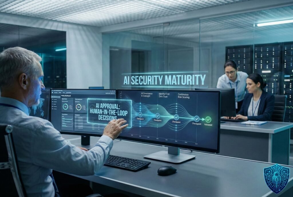 AI Cybersecurity: Power, Pitfalls, and Governance 5 “Security operations center scene illustrating AI security maturity, with an analyst interacting with a dashboard labeled ‘AI Approval: Human-in-the-Loop Decisions.’ Visuals show governance checkpoints, identity-first zero trust, continuous risk scoring, and validation stages, while other analysts collaborate nearby, emphasizing mature AI security guided by human oversight and structured governance.”