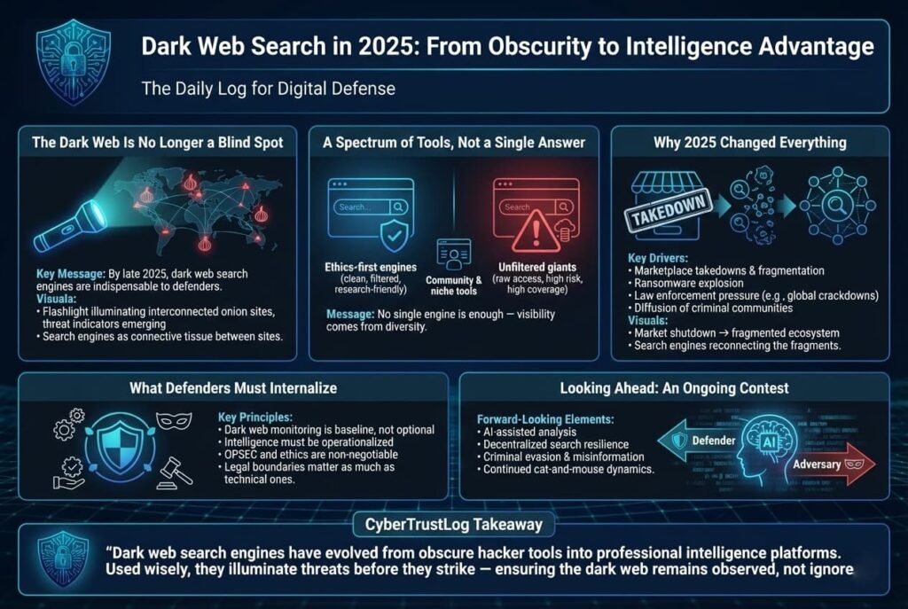 “Infographic titled ‘Dark Web Search in 2025: From Obscurity to Intelligence Advantage,’ explaining how dark web search has become essential for defenders. It shows that the dark web is no longer a blind spot, emphasizes using a spectrum of tools rather than a single engine, outlines why 2025 marked a turning point due to takedowns, ransomware growth, and law enforcement pressure, and highlights defender principles such as operationalizing intelligence, strong OPSEC, and legal ethics, with a forward-looking view of ongoing defender–adversary competition.”