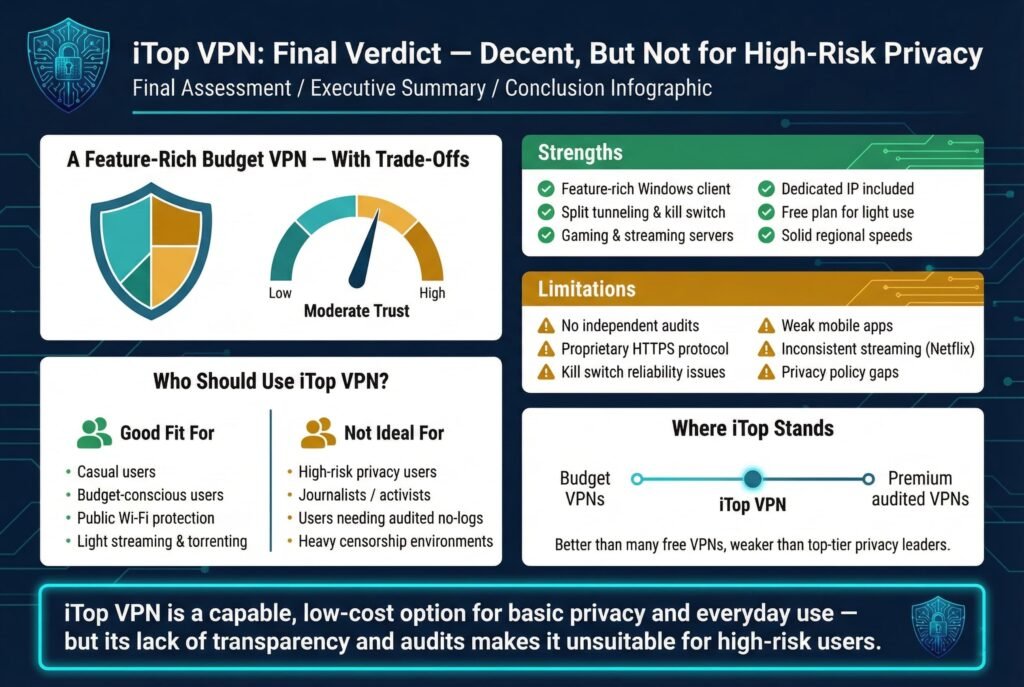 “Executive summary infographic evaluating iTop VPN, showing it as a feature-rich budget VPN with moderate trust. It highlights strengths like split tunneling, kill switch, dedicated IPs, and solid speeds, alongside limitations such as lack of independent audits, proprietary protocols, weak mobile apps, and privacy policy gaps. The graphic explains who iTop VPN is suitable for and concludes it is acceptable for casual use but not for high-risk privacy needs.”