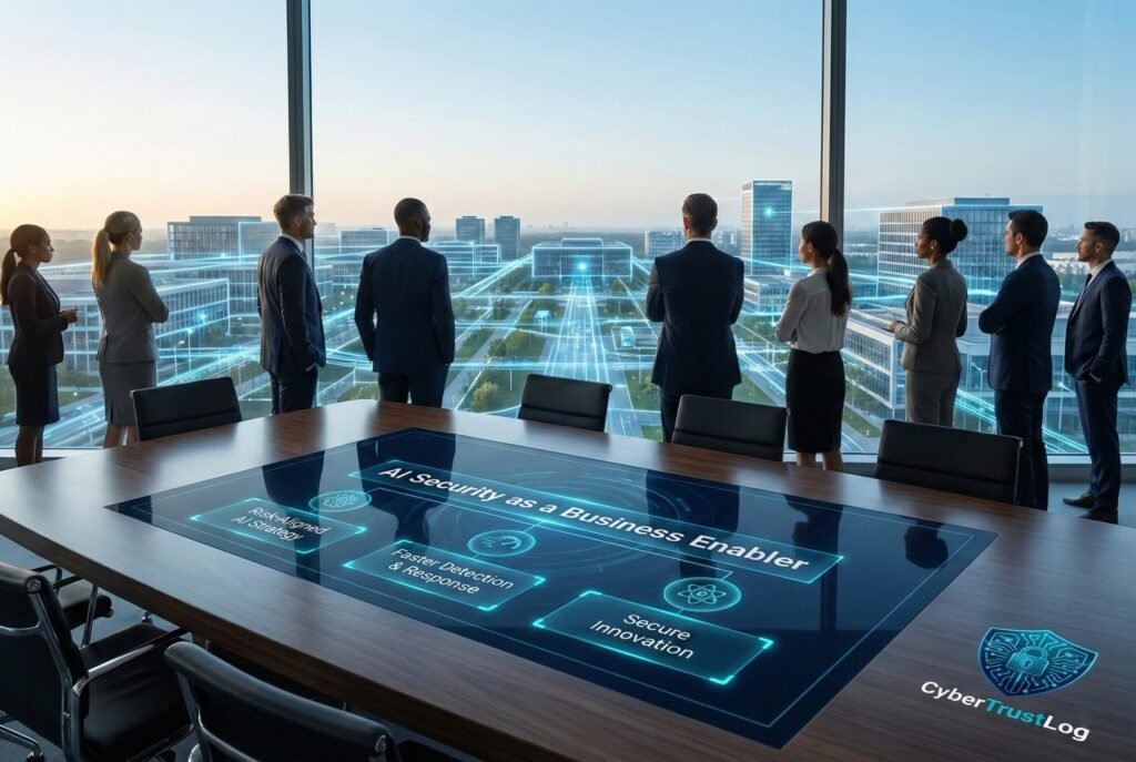 AI Cybersecurity: Power, Pitfalls, and Governance 6 “Executive boardroom scene with business leaders standing by large windows overlooking a digitally connected cityscape. A conference table displays an interactive panel labeled ‘AI Security as a Business Enabler,’ highlighting risk-aligned AI strategy, faster detection and response, and secure innovation, emphasizing cybersecurity as a strategic driver of business growth and resilience.”