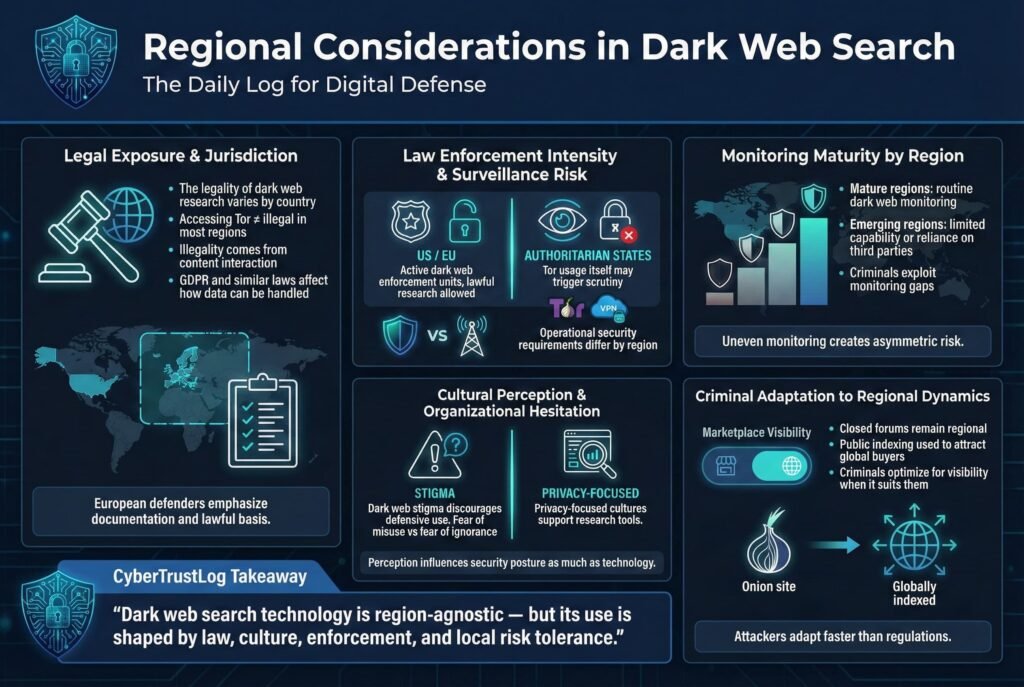 “Infographic showing how geography affects dark web search, including legal exposure, surveillance intensity, cultural attitudes, monitoring maturity, and how criminals adapt to regional enforcement differences.”