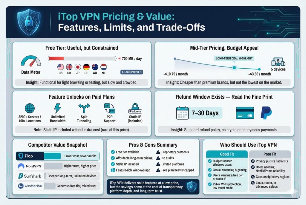 “Infographic titled ‘iTop VPN Pricing & Value: Features, Limits, and Trade-Offs’ outlining iTop VPN’s free and paid plans. It shows the free tier with a 700 MB daily data cap, limited server locations, and ads, suitable only for light use. The graphic explains mid-tier paid pricing with budget appeal, feature unlocks such as unlimited bandwidth, split tunneling, P2P support, and a static IP, and a 7–30 day refund window with restrictions. It compares iTop VPN to competitors, summarizes pros and cons, and concludes that iTop VPN offers strong value for budget-focused, casual users but is a poor fit for privacy purists, high-risk users, or advanced setups.”