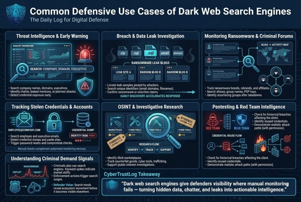 “Infographic describing defensive cybersecurity use cases for dark web search, including threat intelligence, breach investigations, credential monitoring, ransomware tracking, OSINT research, and authorized red team activities.”